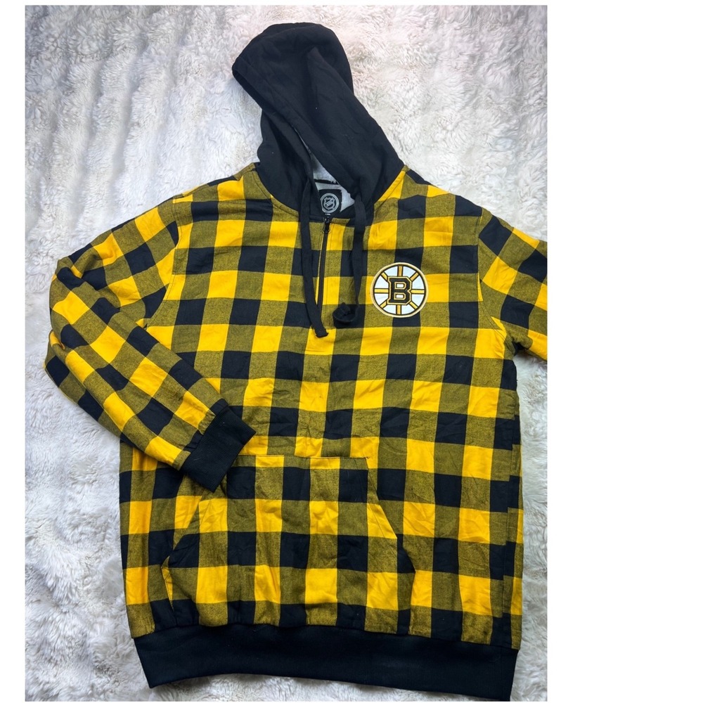 NHL Boston Bruins Sherpa Lined Hoodie Yellow Black Buffalo Plaid Mens XL. A33